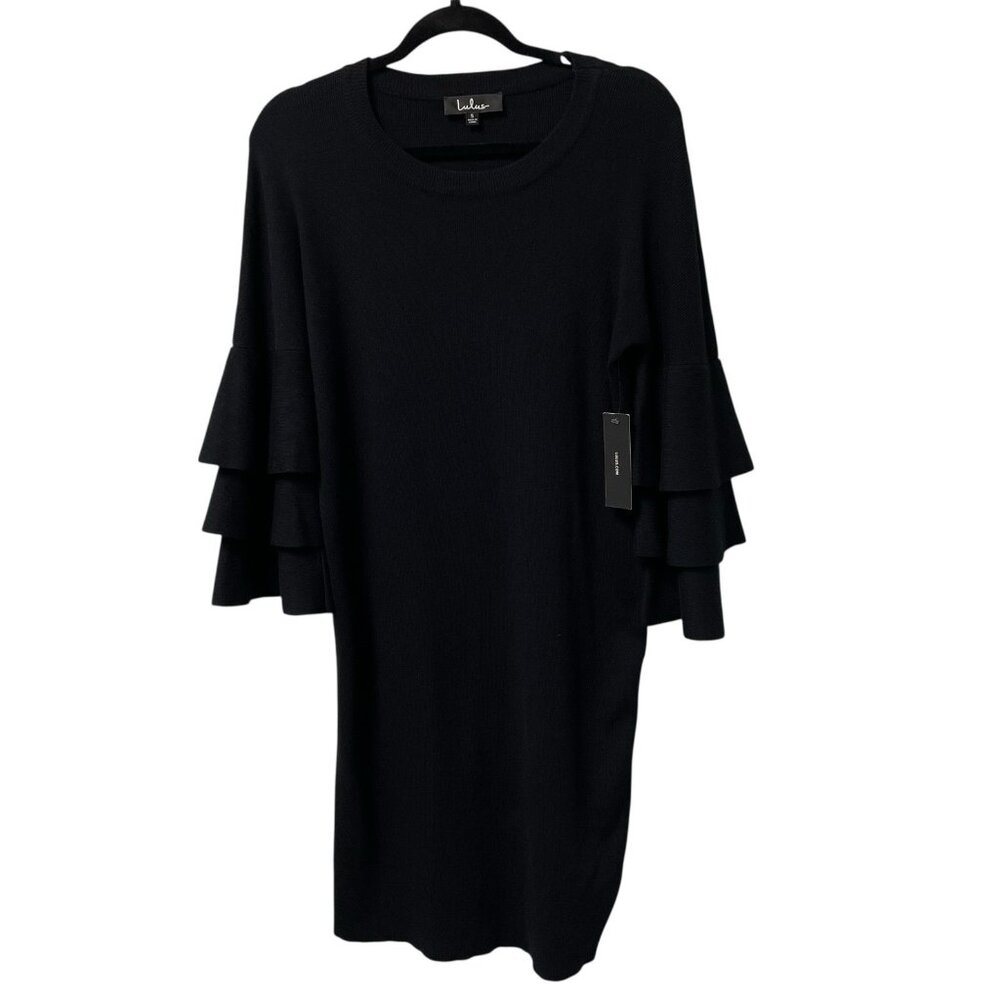 LULU'S SWEATER DRESS TIERED RUFFLE SLEEVE FLOUNCE FEMININE CHIC MINIMAL SIZE S